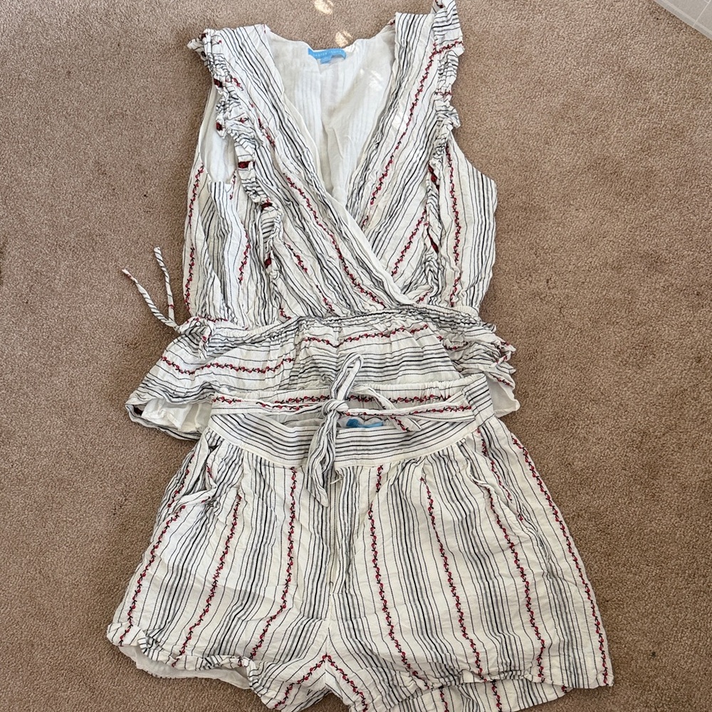 Draper James White Striped Ruffle Romper